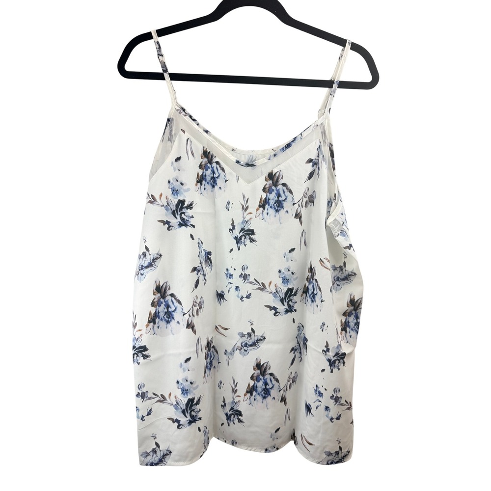 Floral V-Neck Camisole Top White Blue Mesh Trim Adjustable Straps XL